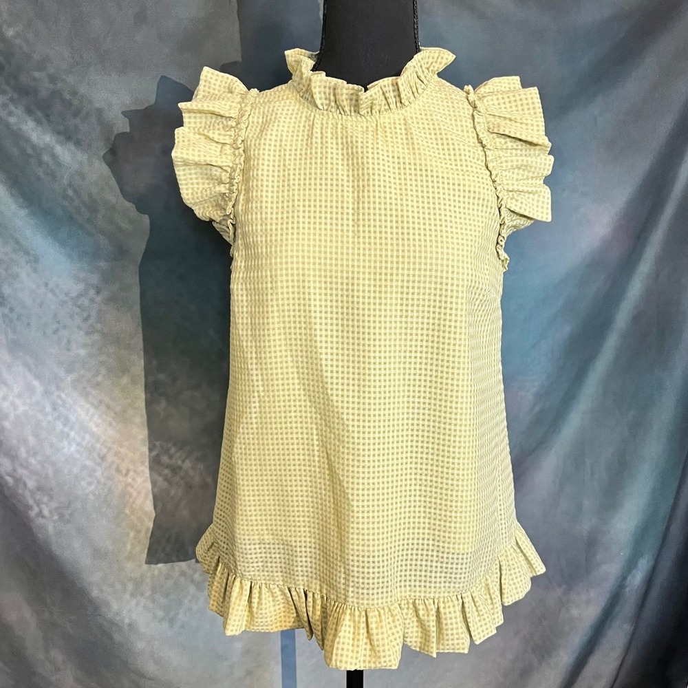 Moodie Women's Gingham Ruffle Neck Open Back Blouse Size Medium‎